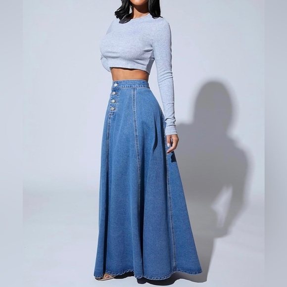 Bobo high waisted flare hem denim maxi skirt - Picture 4 of 6